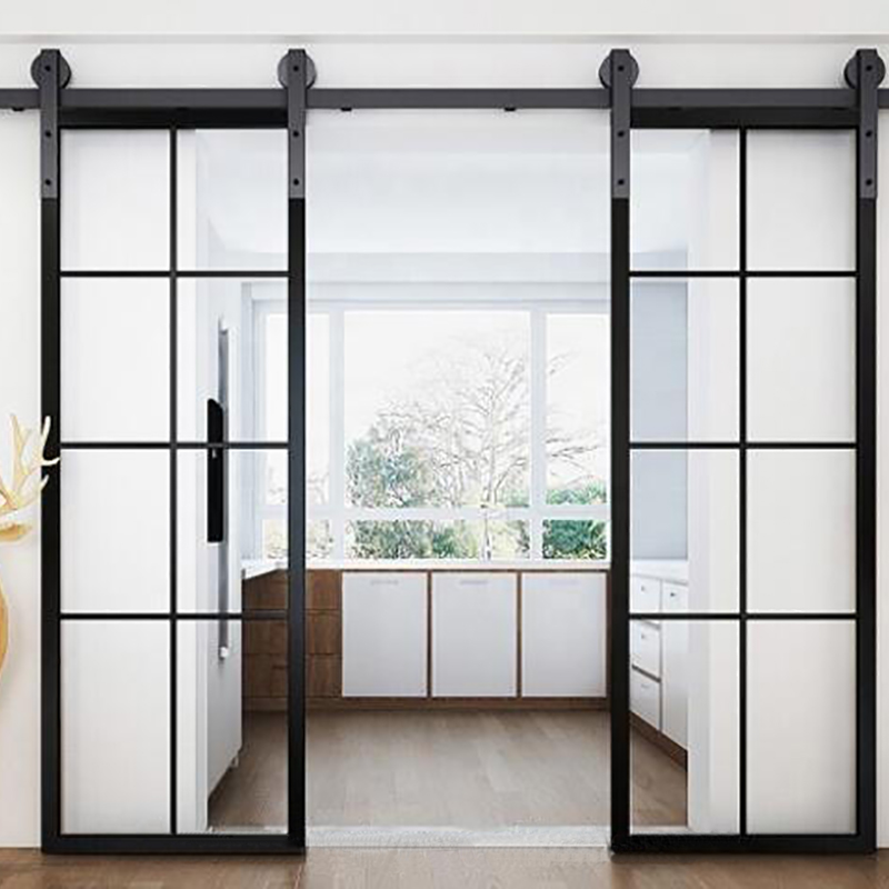 Molduras pretas decorativas projetadas porta de vidro de aço para celeiro deslizante