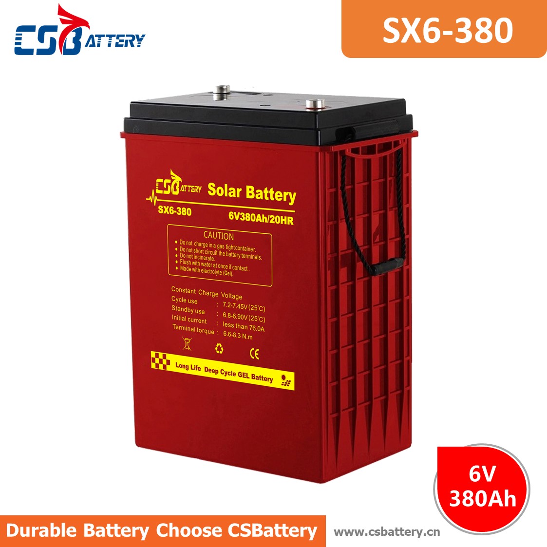 Bateria de gel de ciclo profundo SX6-380 6V 380Ah
