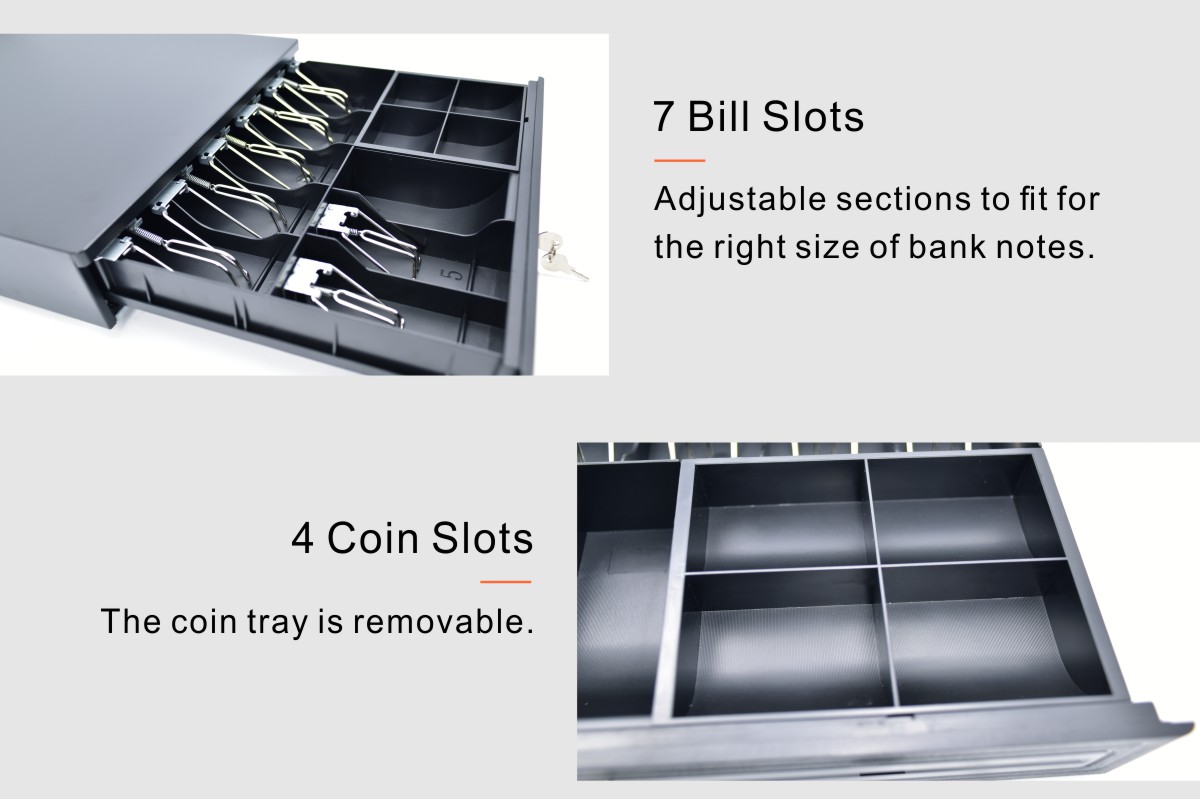 Gaveta de dinheiro com slot para notas de 7 grades com 3 travas com CARTEIRA de metal Bandeja de moedas removível com slot de 4 grades