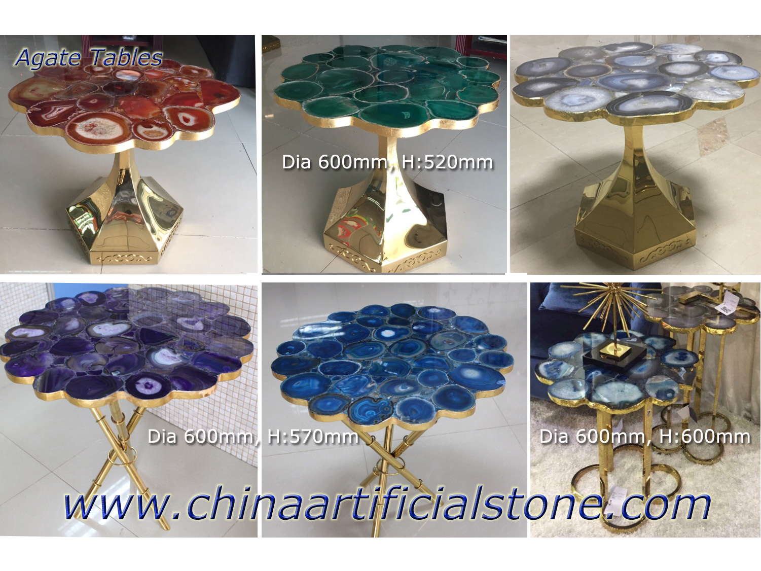 Tampos de mesa de centro laterais de ágata com pedras preciosas

