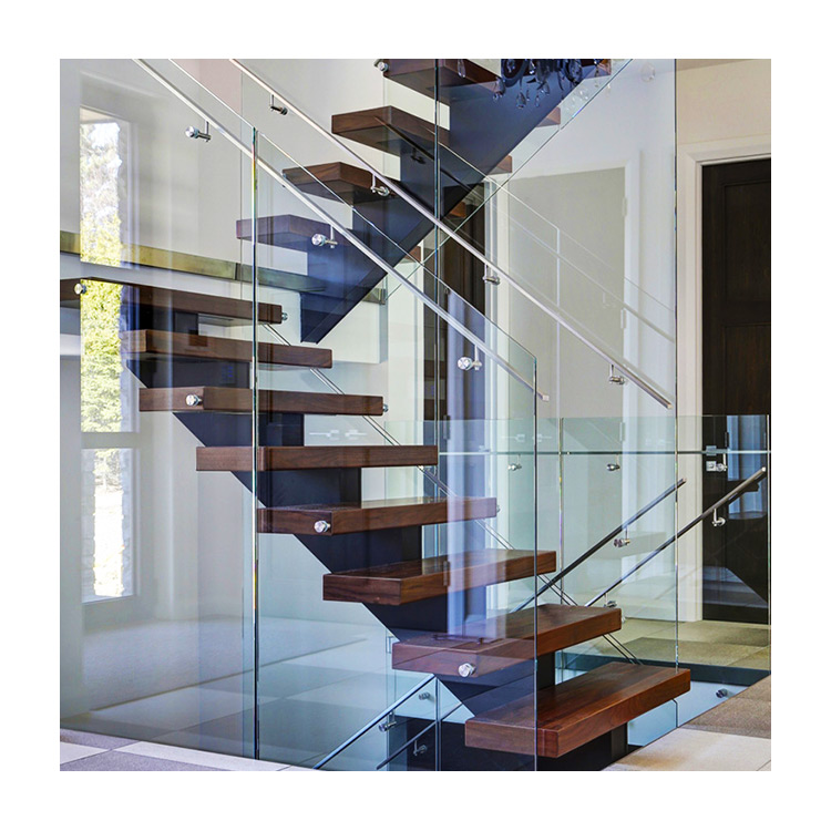 Escada flutuante contemporânea de vidro de feijão preto personalizado com piso de madeira
