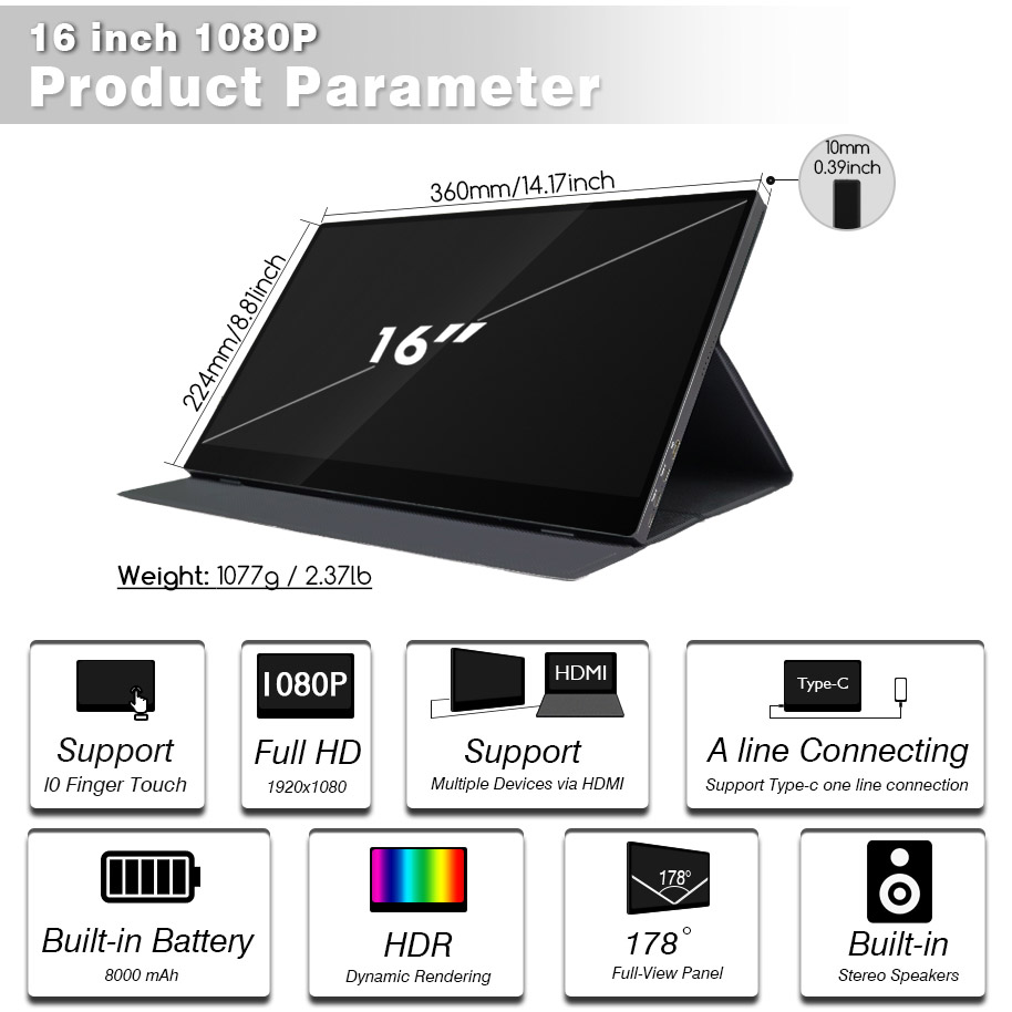 Monitor portátil com tela sensível ao toque de 16 polegadas S40-1