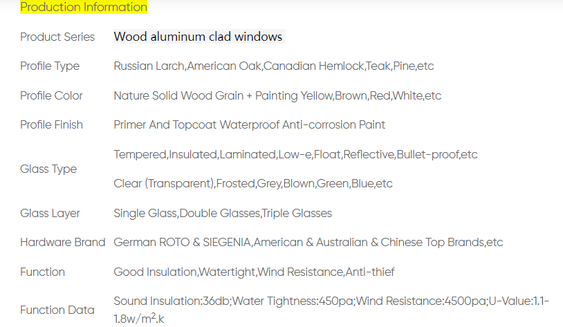 Especificações de janelas de alumínio revestidas de madeira