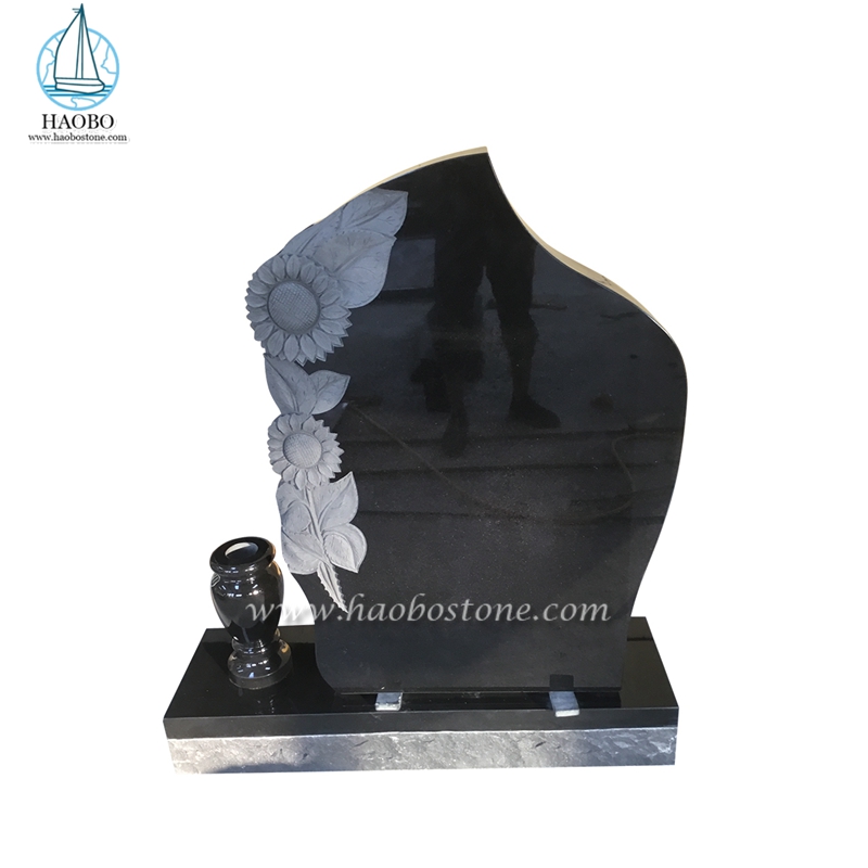 Monumento de granito preto cremação lápide girassóis esculpida lápide
