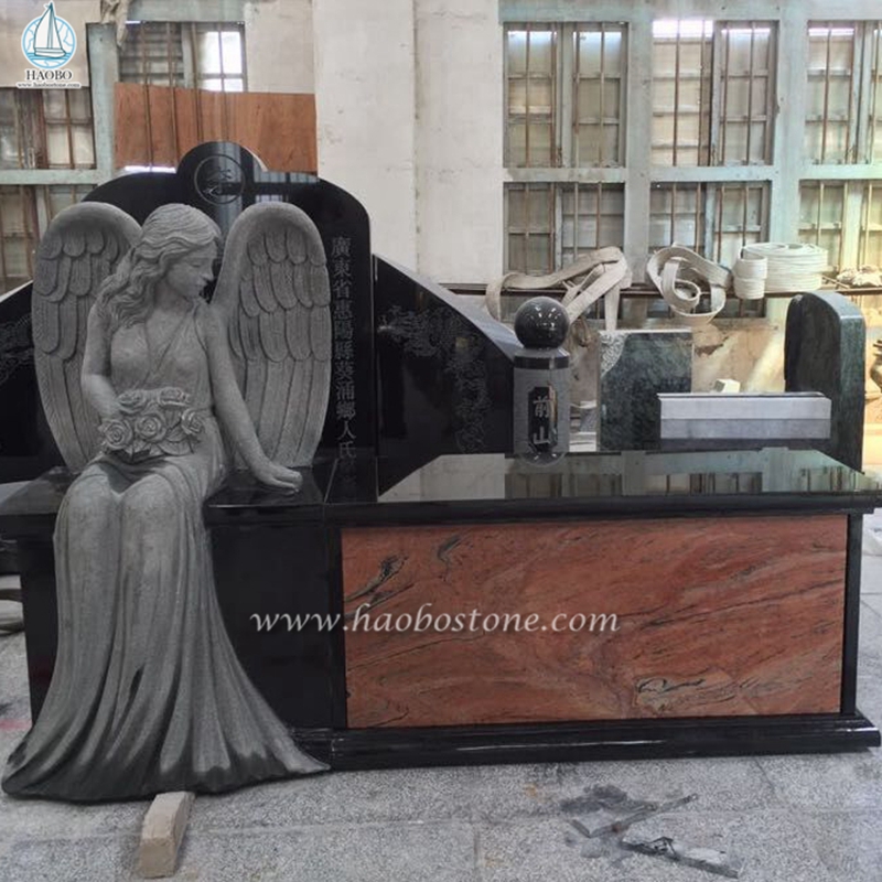 Banco de monumento de granito preto da Índia com estátua de anjo
