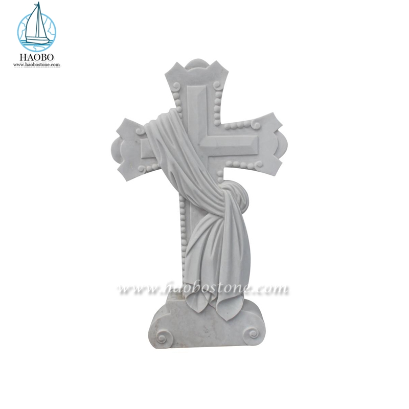 Lápide vertical esculpida com cruz de mármore branco da China
