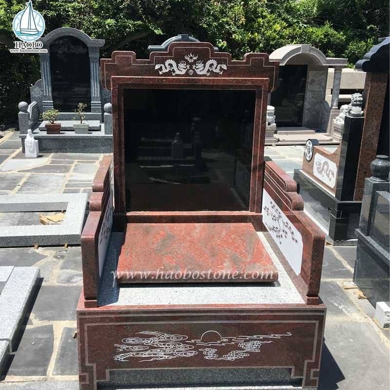 Lápide funerária em granito vermelho gravada estilo chinês dragão
