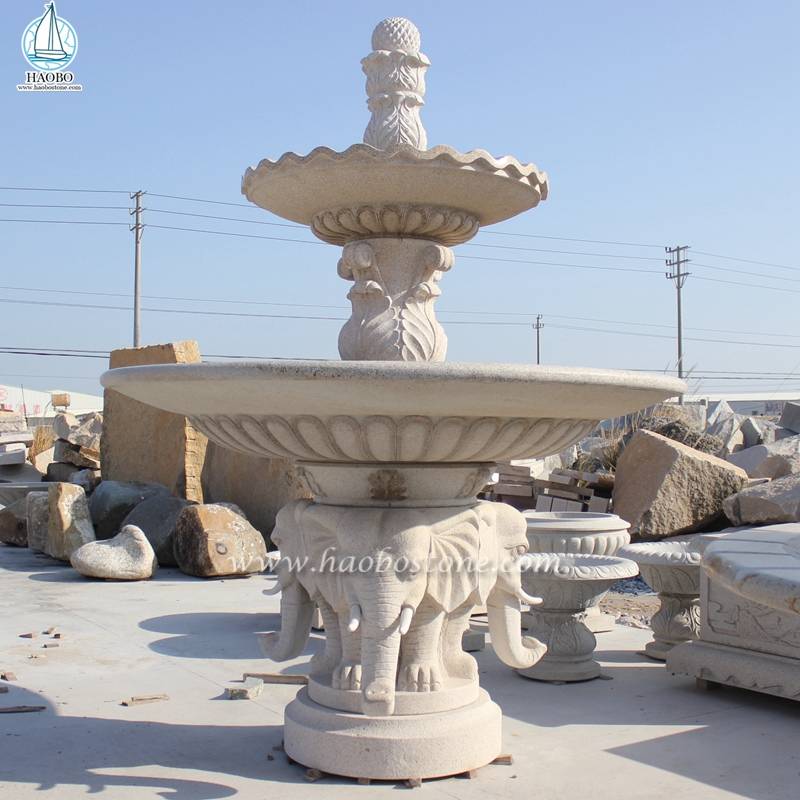Fonte de roda d'água em mármore para decoração de jardim com escultura de elefante
