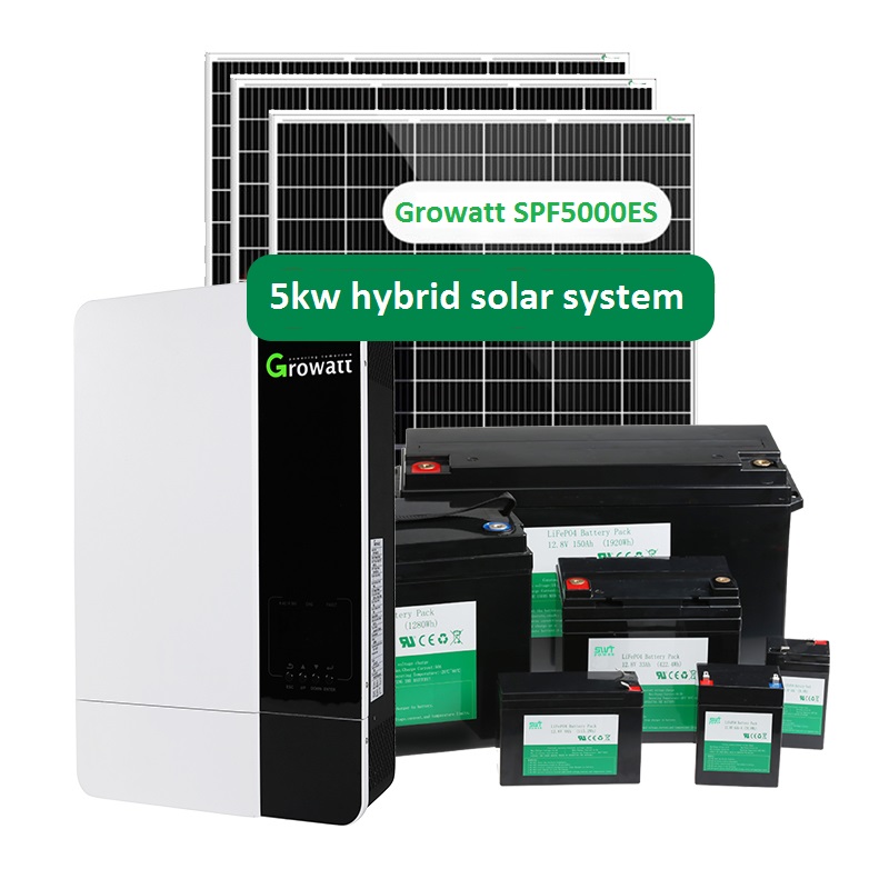 Growatt spfes 5kw inversor híbrido wifi 5kw kits de sistema solar com bateria de lítio bms estrutura de painel solar sistema de energia pv
