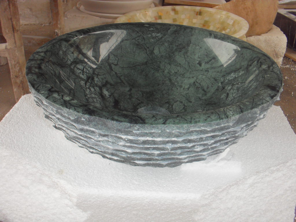 Pia de mármore verde pia de forma redonda pia de pedra de superfície áspera
