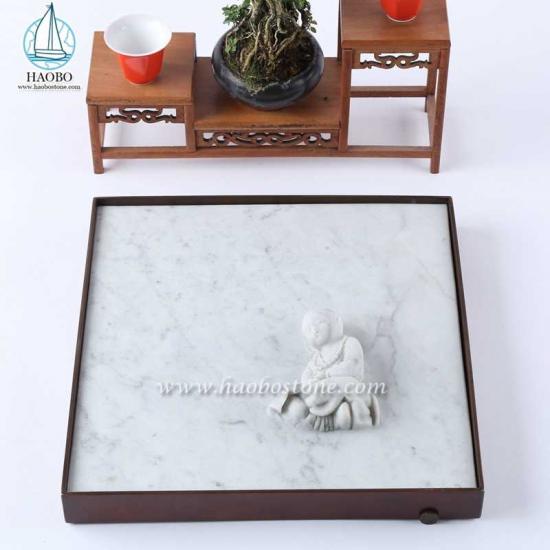 Bandeja de chá de mármore branco escultura budista pedra quadrada
