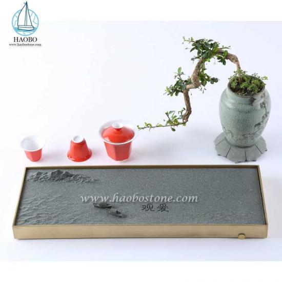 Bandeja de chá retangular de pedra de granito cinza esculpida para barco
