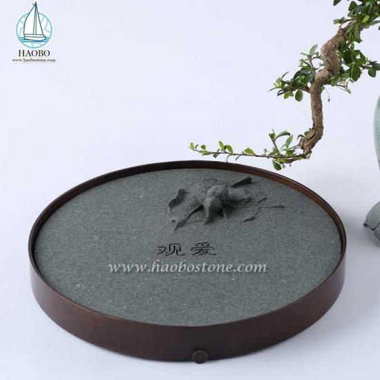 Bandeja de chá de pedra esculpida em forma de inseto em granito cinza cinza da china
