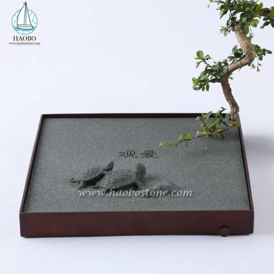 Bandeja de chá quadrada em granito natural com design de tartaruga esculpida
