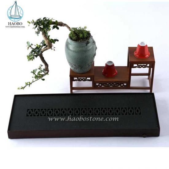 Bandeja de chá retangular de granito preto com design da China esculpida em pedra
