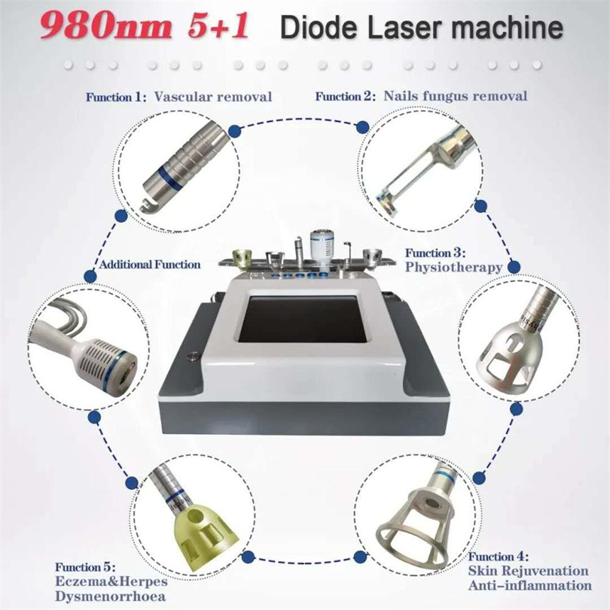 5 em 1 máquina de fisioterapia de remoção de veia de aranha vascular indolor 980nm a laser de diodo com martelo frio